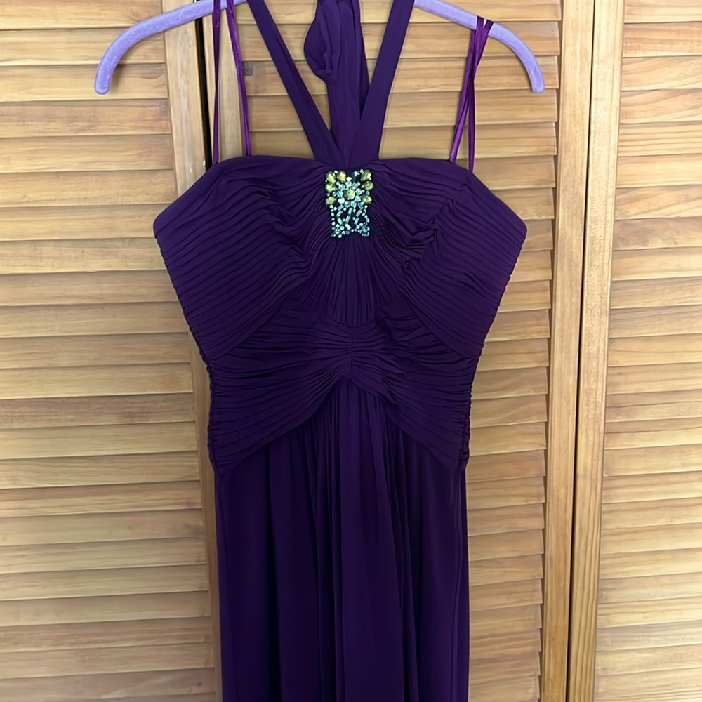 Purple BCBGMaxazria evening gown with crystals and halter neck tie